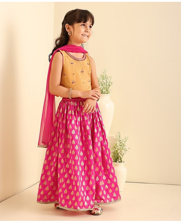 Babyhug Sleeveless Choli & Lehenga Set With Dupatta Leaf Embroidered - Yellow Pink