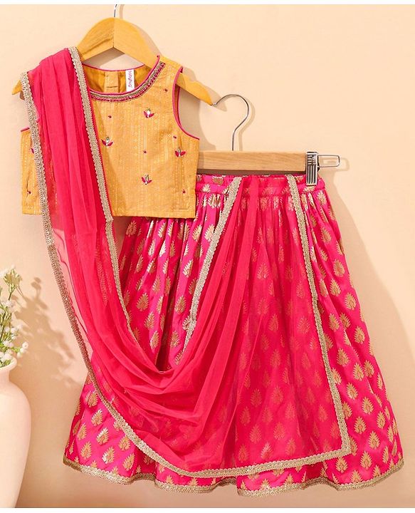 Babyhug Sleeveless Choli & Lehenga Set With Dupatta Leaf Embroidered - Yellow Pink