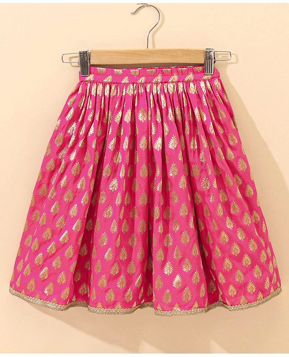 Babyhug Sleeveless Choli & Lehenga Set With Dupatta Leaf Embroidered - Yellow Pink