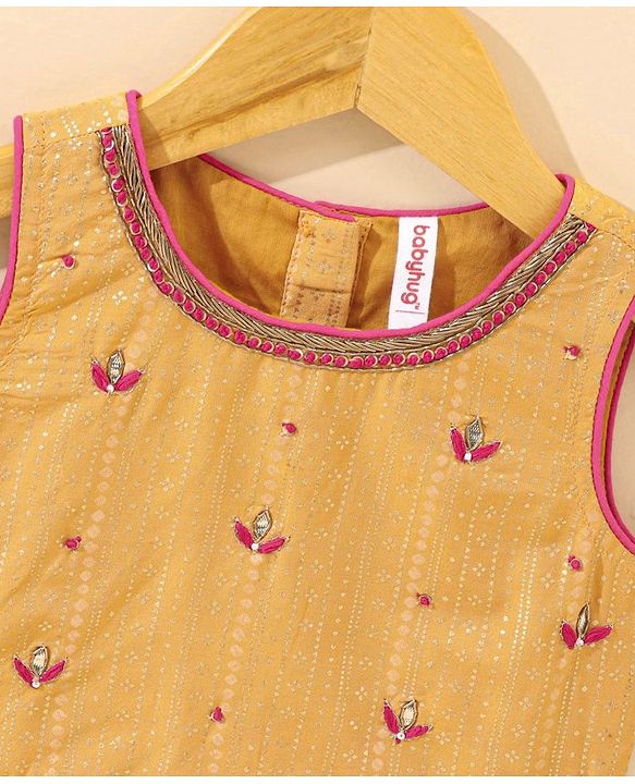 Babyhug Sleeveless Choli & Lehenga Set With Dupatta Leaf Embroidered - Yellow Pink