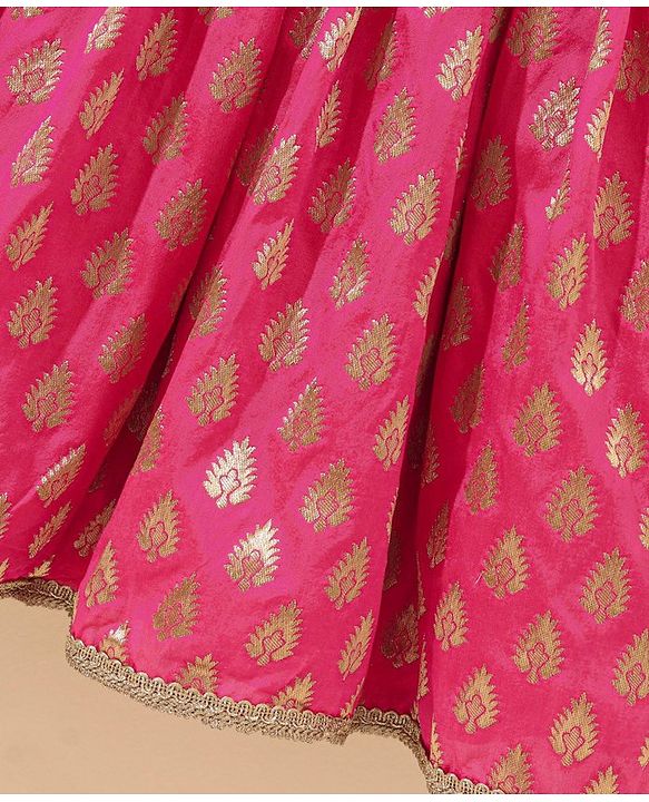 Babyhug Sleeveless Choli & Lehenga Set With Dupatta Leaf Embroidered - Yellow Pink
