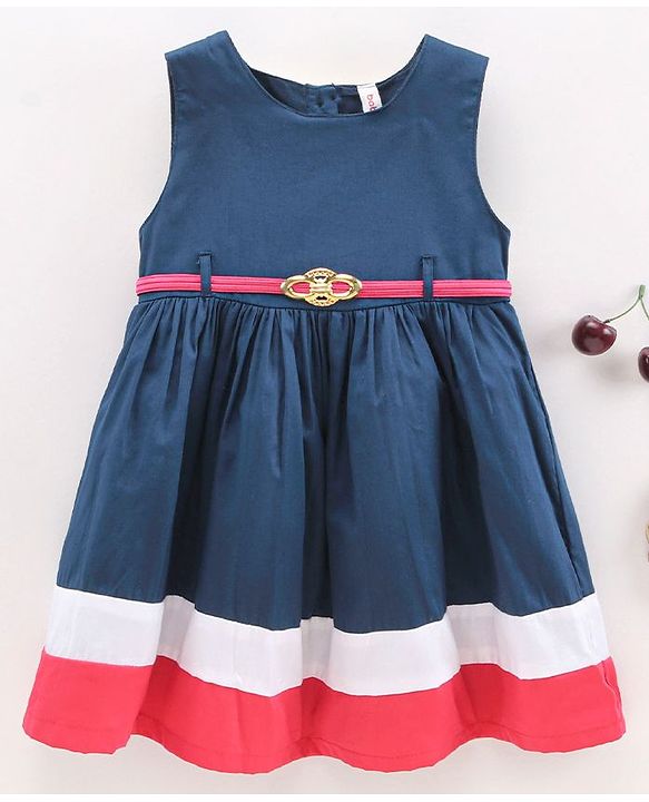 Babyhug 100% Cotton Sleeveless Frock With Belt & Stripes Print - Navy Blue