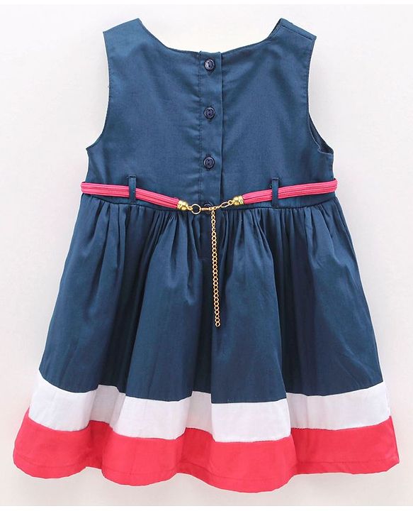 Babyhug 100% Cotton Sleeveless Frock With Belt & Stripes Print - Navy Blue