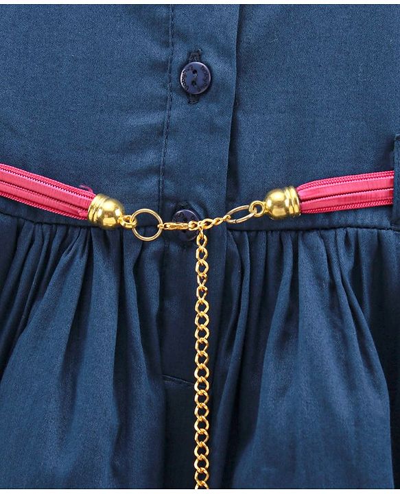 Babyhug 100% Cotton Sleeveless Frock With Belt & Stripes Print - Navy Blue