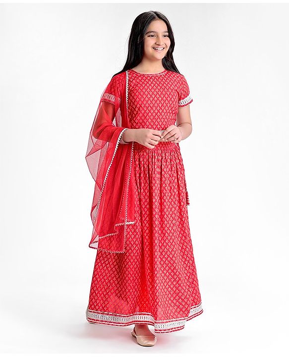 Pine Kids Half Sleeves Choli & Lehenga Set With Dupatta Printed- Red