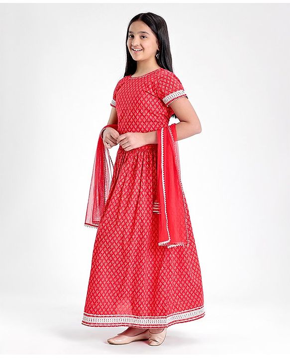 Pine Kids Half Sleeves Choli & Lehenga Set With Dupatta Printed- Red