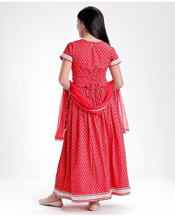 Pine Kids Half Sleeves Choli & Lehenga Set With Dupatta Printed- Red