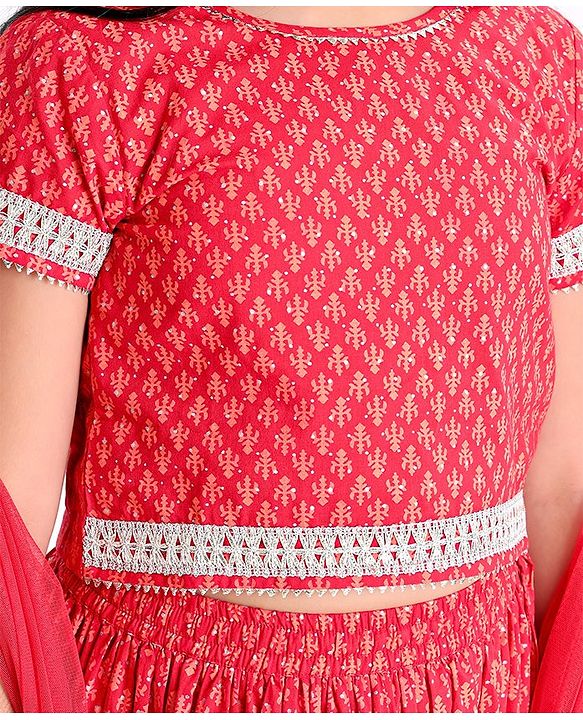 Pine Kids Half Sleeves Choli & Lehenga Set With Dupatta Printed- Red