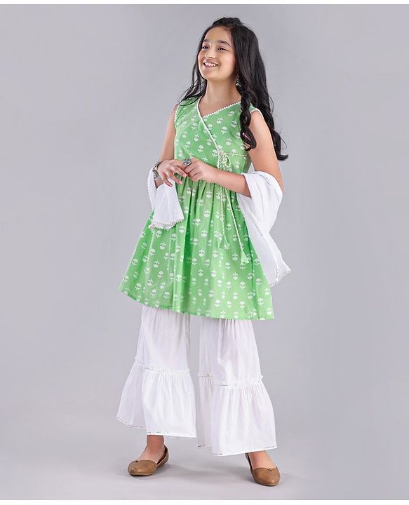 Pine Kids Churidar and Kurti Set with Dupatta Floral Print - Green White
