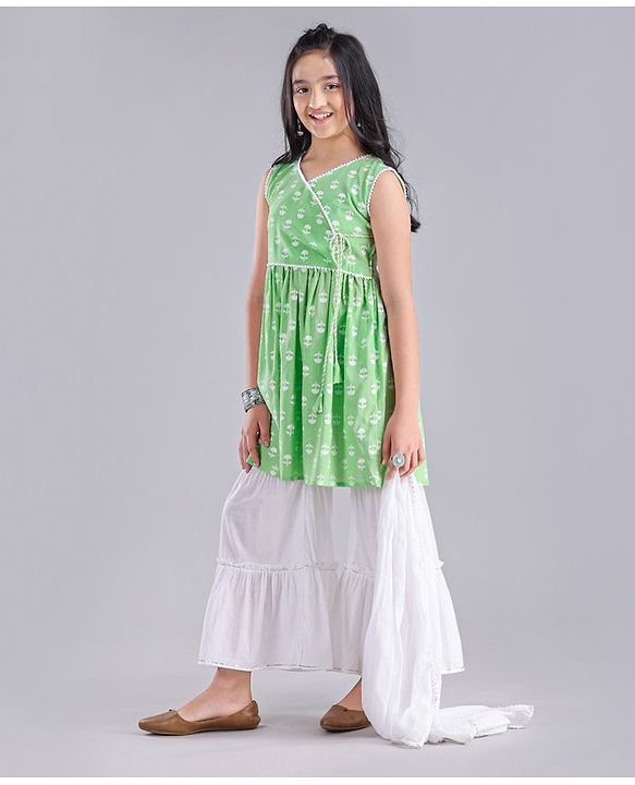 Pine Kids Churidar and Kurti Set with Dupatta Floral Print - Green White