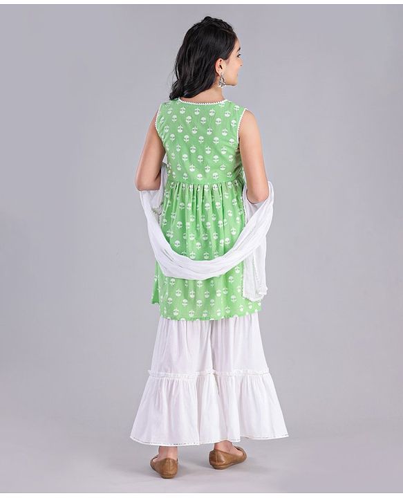 Pine Kids Churidar and Kurti Set with Dupatta Floral Print - Green White