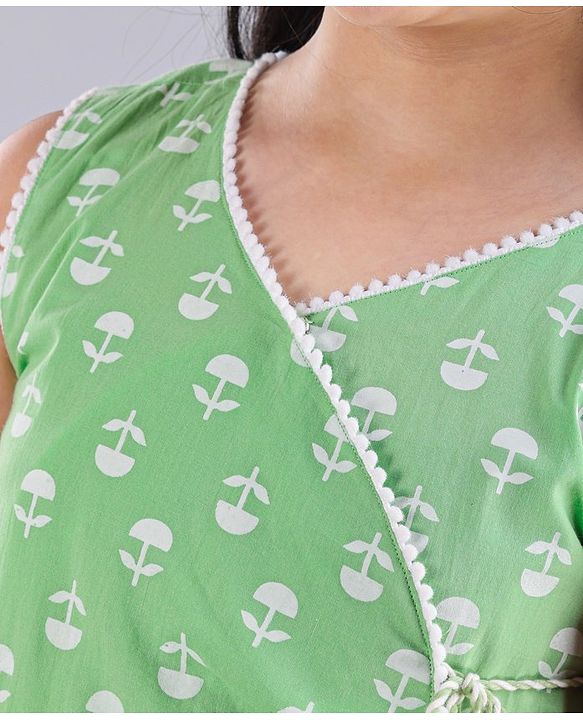 Pine Kids Churidar and Kurti Set with Dupatta Floral Print - Green White
