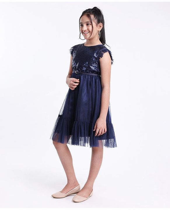 Pine Kids Frill Sleeves Sequinned Party Frock - Navy Blue