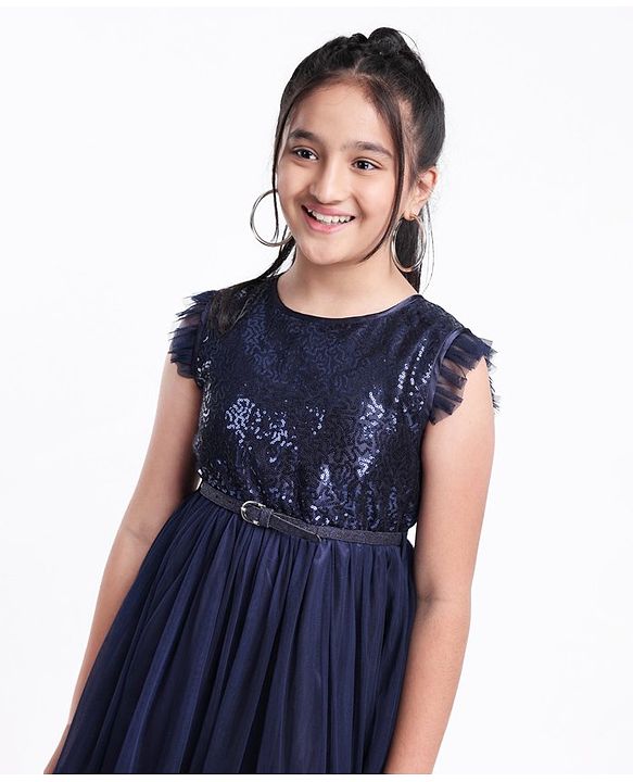 Pine Kids Frill Sleeves Sequinned Party Frock - Navy Blue