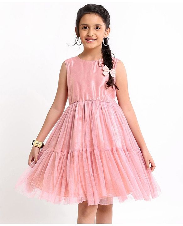 Pine Kids Party Wear Shimmery Dress with Bow - Pink