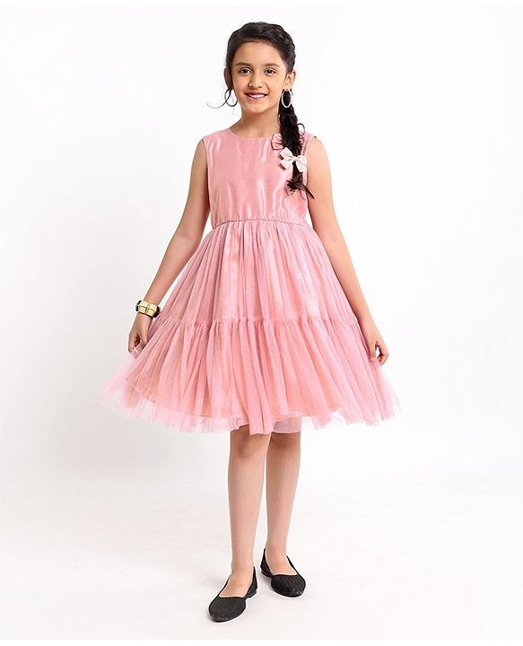 Pine Kids Party Wear Shimmery Dress with Bow - Pink