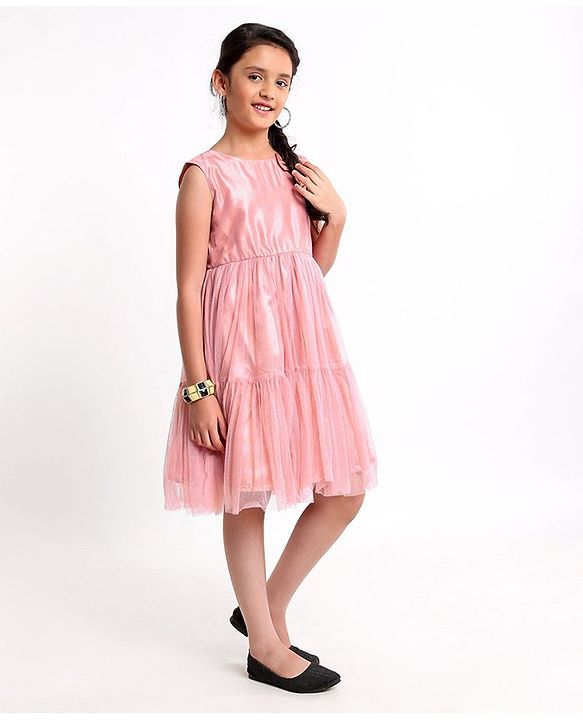 Pine Kids Party Wear Shimmery Dress with Bow - Pink