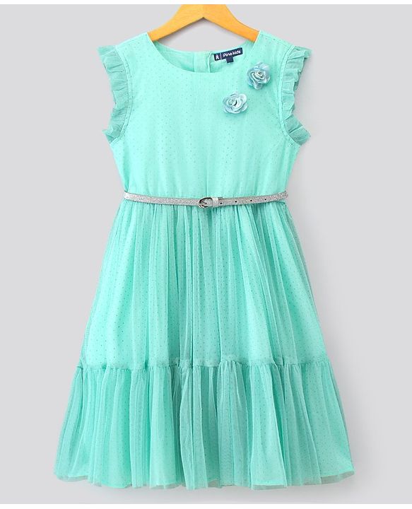 Pine Kids Sleeveless Frock with Belt and Mesh - Sky Blue