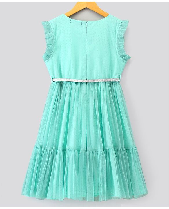 Pine Kids Sleeveless Frock with Belt and Mesh - Sky Blue