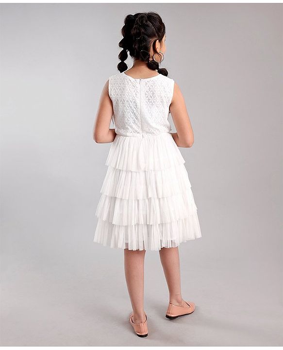 Pine Kids Half Sleeves Embellished Party Wear Dress- White