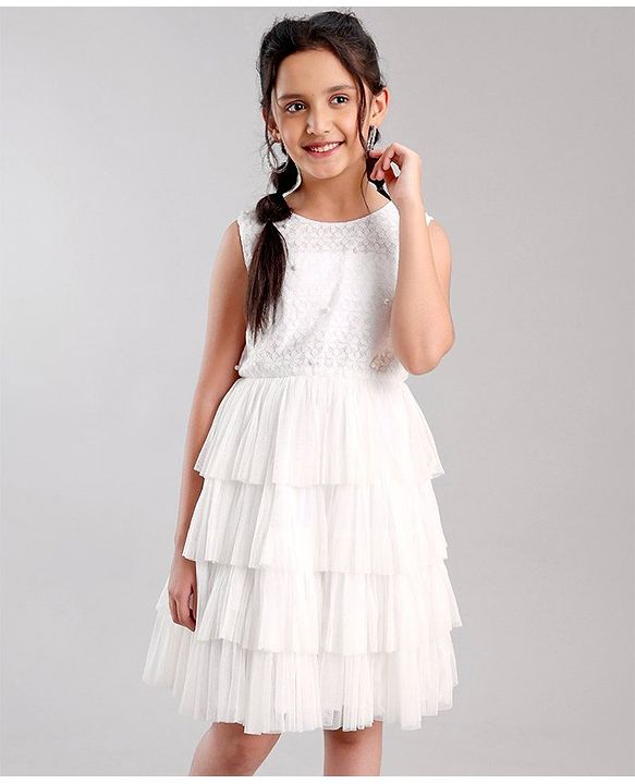 Pine Kids Half Sleeves Embellished Party Wear Dress- White