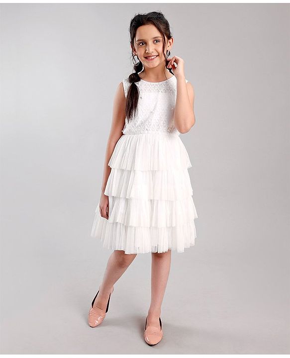 Pine Kids Half Sleeves Embellished Party Wear Dress- White