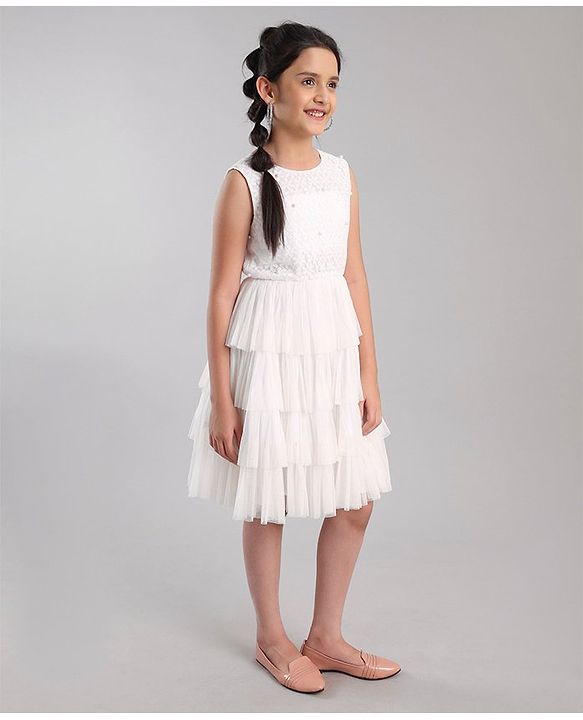 Pine Kids Half Sleeves Embellished Party Wear Dress- White