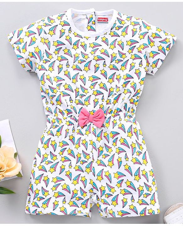 Babyhug 100% Cotton Half Sleeves Jumpsuit Stars Print - White AOP