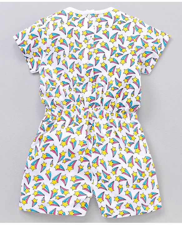 Babyhug 100% Cotton Half Sleeves Jumpsuit Stars Print - White AOP
