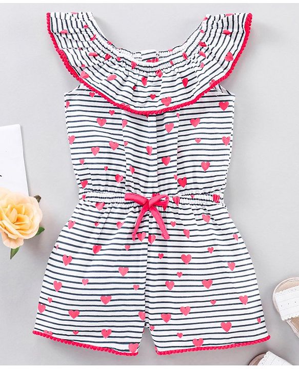 Babyhug 100% Cotton Sleeveless Jumpsuit Heart & Stripes Print - Multicolor
