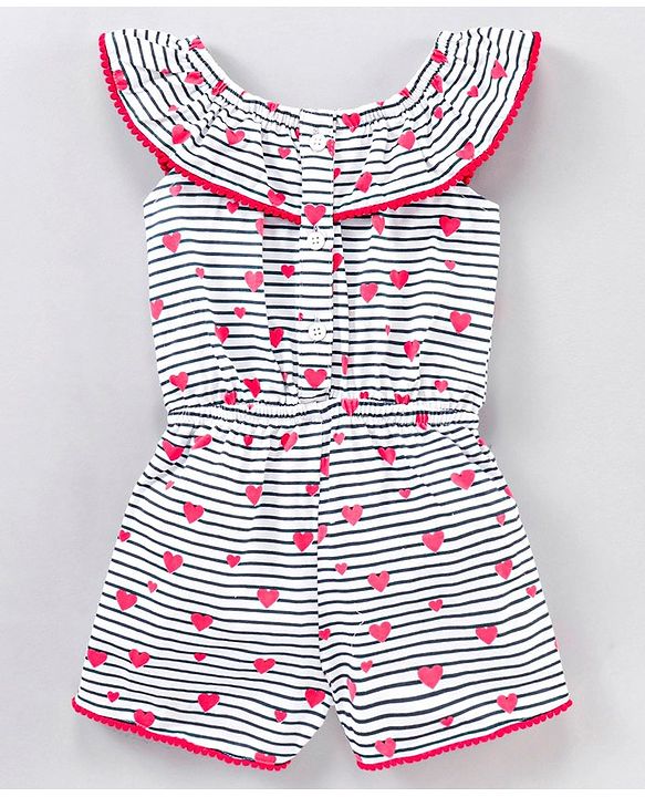Babyhug 100% Cotton Sleeveless Jumpsuit Heart & Stripes Print - Multicolor