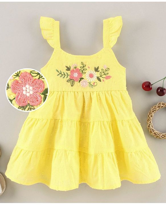 Babyhug 100% Cotton Singlet Sleeves Floral Embroidered Frock with Lining and Gathered - Yellow