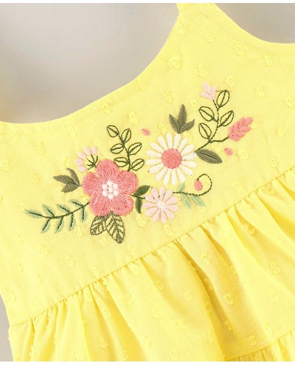 Babyhug 100% Cotton Singlet Sleeves Floral Embroidered Frock with Lining and Gathered - Yellow