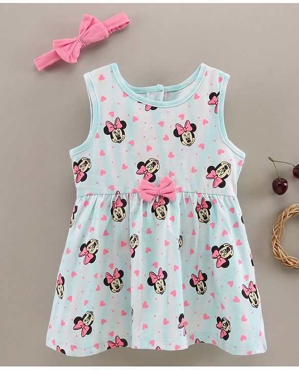 Babyhug 100% Cotton Sleeveless Frock With Headband Minnie Mouse Print - Blue
