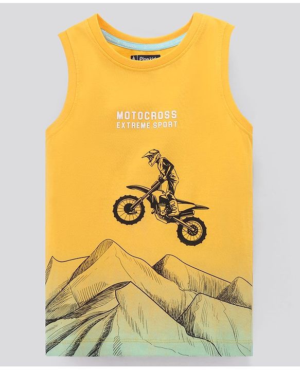 Pine Kids Sleeveless Bio Washed T-Shirt Motorcross Print - Yellow