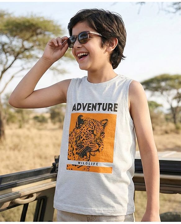 Pine Kids Sleeveless Bio Washed T-Shirt Adventure Print - Grey