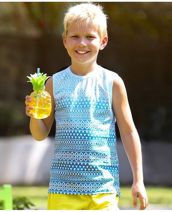 Pine Kids Sleeveless Bio Washed T-Shirt Multi Print - Blue