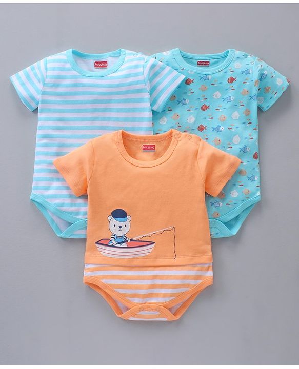 Babyhug 100% Cotton Half Sleeves Onesies Striped And Fish Print - Blue Orange