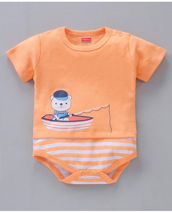 Babyhug 100% Cotton Half Sleeves Onesies Striped And Fish Print - Blue Orange