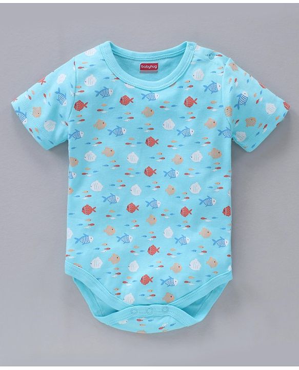 Babyhug 100% Cotton Half Sleeves Onesies Striped And Fish Print - Blue Orange