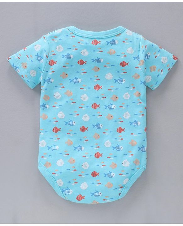 Babyhug 100% Cotton Half Sleeves Onesies Striped And Fish Print - Blue Orange