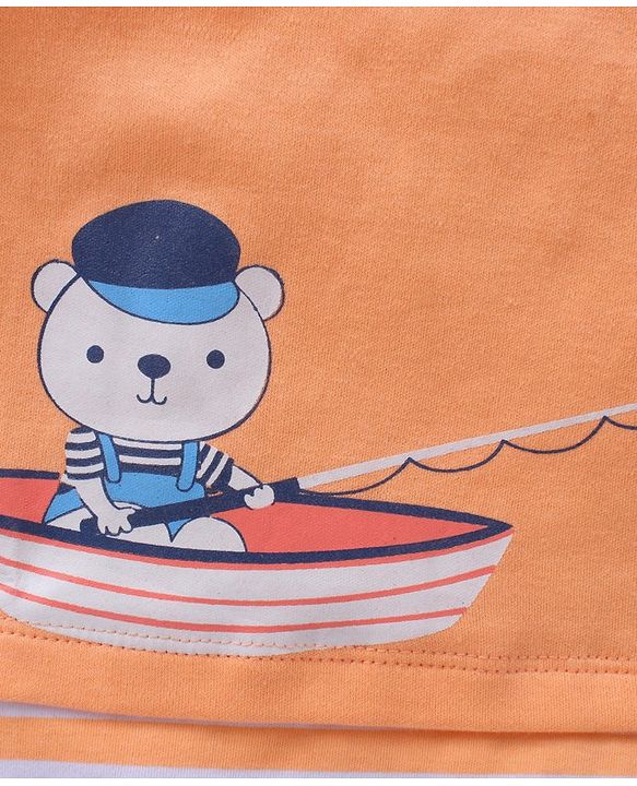 Babyhug 100% Cotton Half Sleeves Onesies Striped And Fish Print - Blue Orange