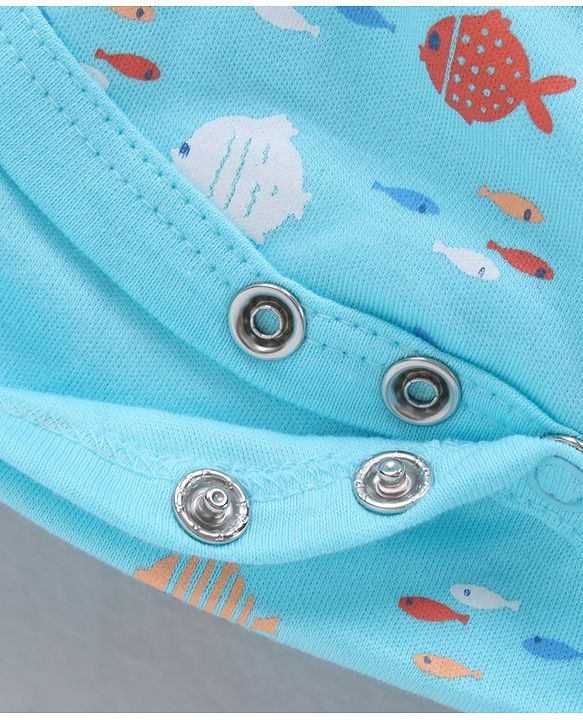 Babyhug 100% Cotton Half Sleeves Onesies Striped And Fish Print - Blue Orange