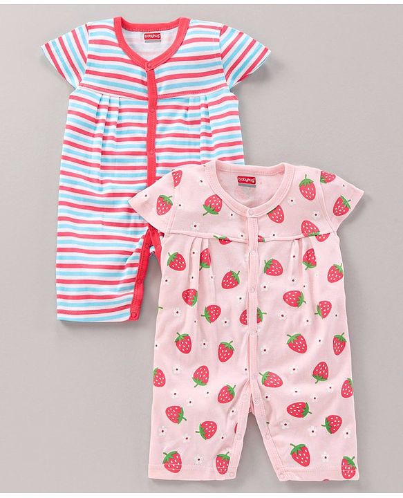 Babyhug 100% Cotton Short Cap Sleeves Rompers Stripe & Strawberry Print Pack Of 2 - Multicolor