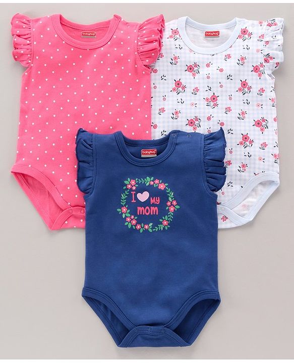 Babyhug 100% Cotton Short Cap Frill Sleeves Onesies Pack of 3 - Multicolor
