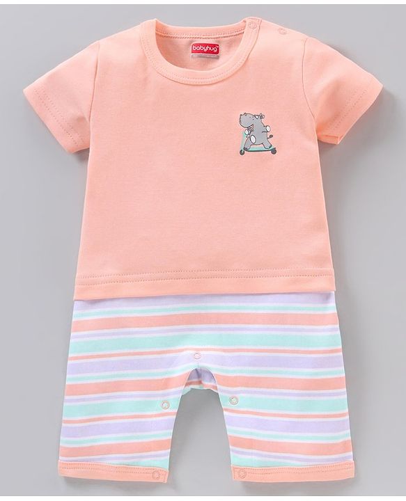 Babyhug 100% Cotton Half Sleeves Romper Rhino & Stripes Print- Orange