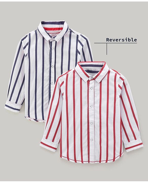 Babyhug Cotton Woven Full Sleeves Striped Reversible Shirt - Blue Red