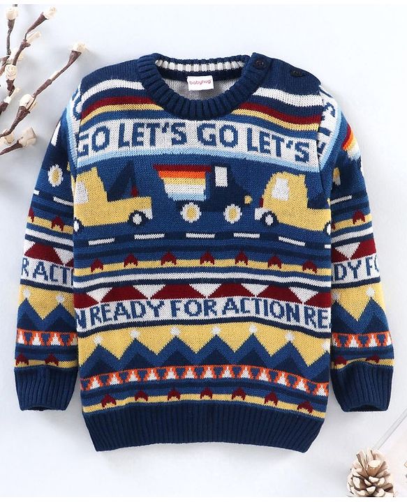 Babyhug Full Sleeves Knit Jacquard Sweater - Navy