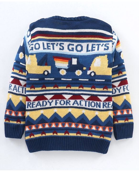 Babyhug Full Sleeves Knit Jacquard Sweater - Navy