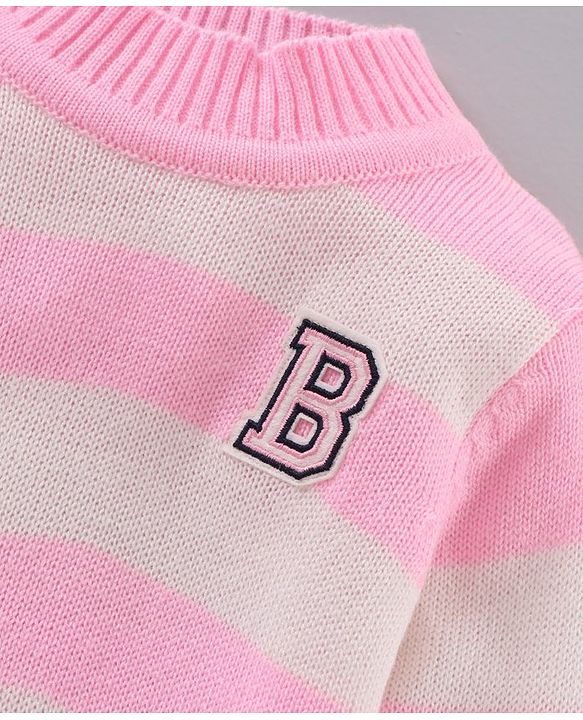Babyhug Full Sleeves Knit Sweater With Stripes Design & Letter Embroidery- Pink